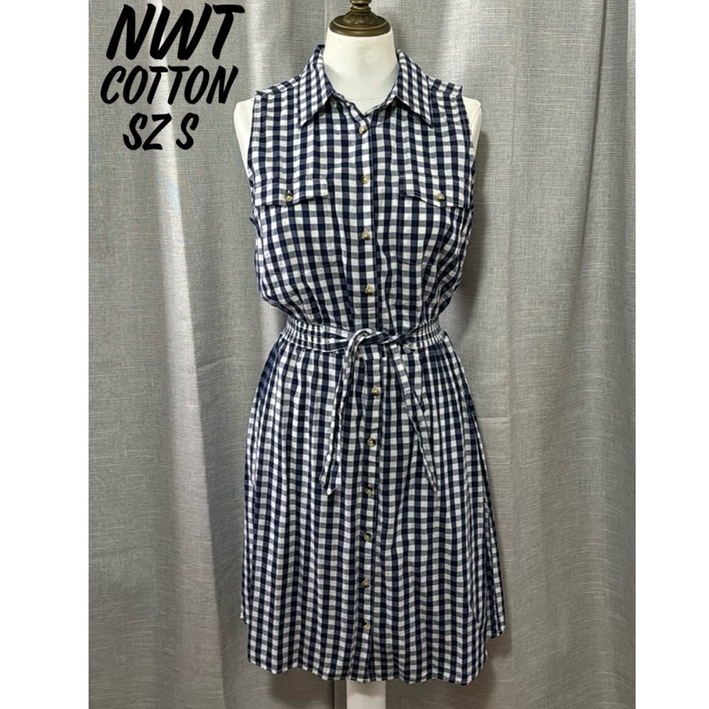 NWT Summer Vibes Dress-S-Cotton-Blue & White Gingham Print-Elastic Waist-Buttons